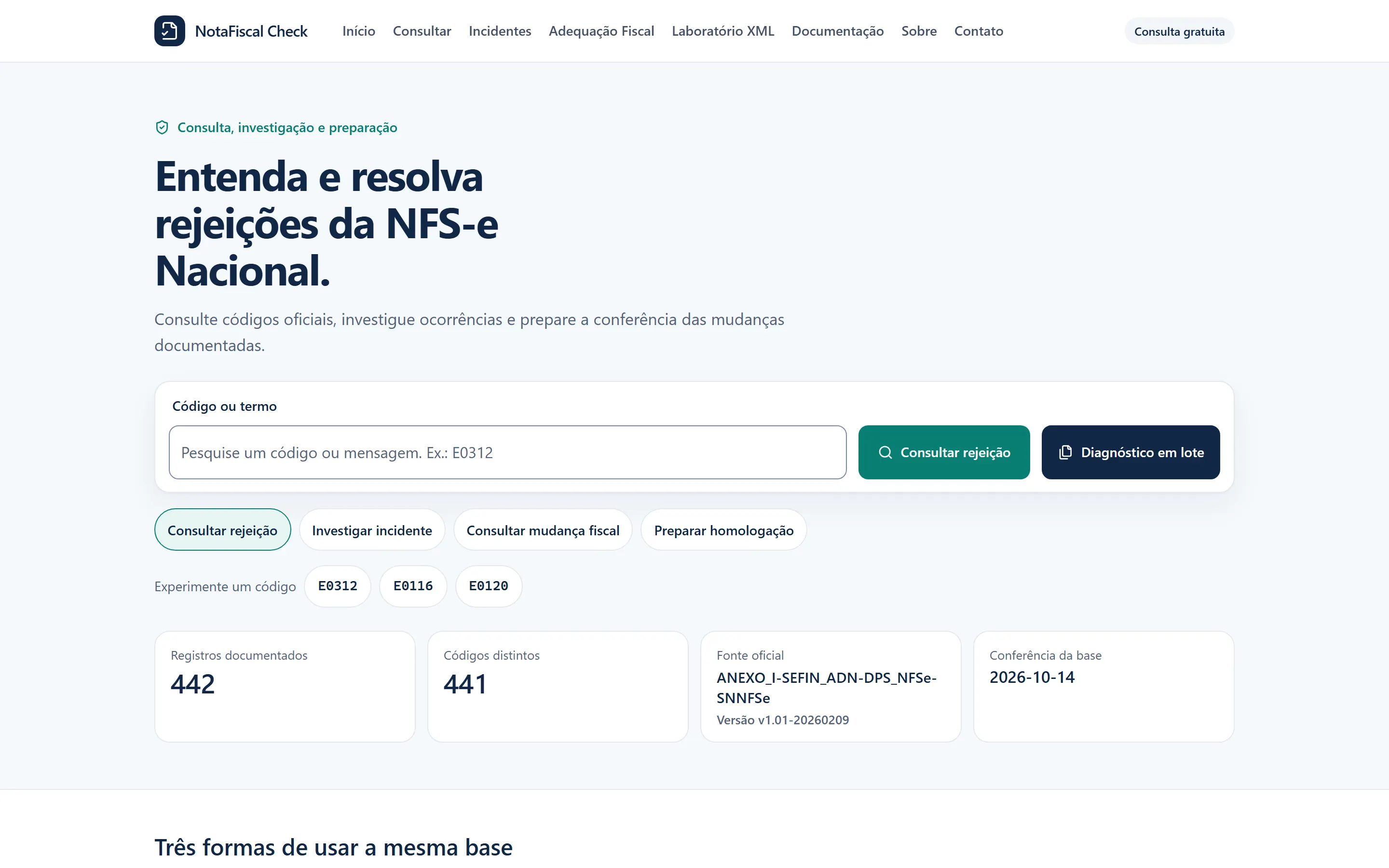 Página inicial do NotaFiscal Check com a busca de códigos de rejeição da NFS-e Nacional.